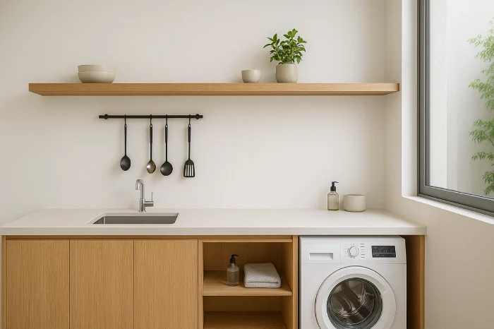 desain dapur dan tempat cuci baju minimalis Rak Gantung Kayu