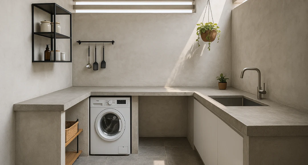 desain dapur dan tempat cuci baju minimalis cat abu-abu