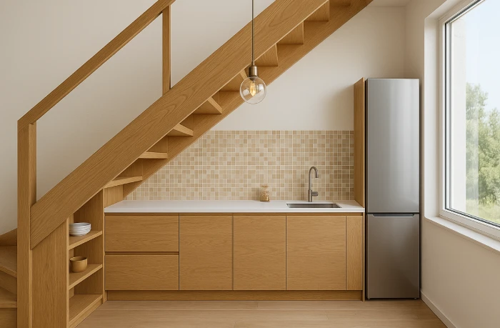 desain dapur minimalis bawah tangga Kabinet Diagonal Kayu
