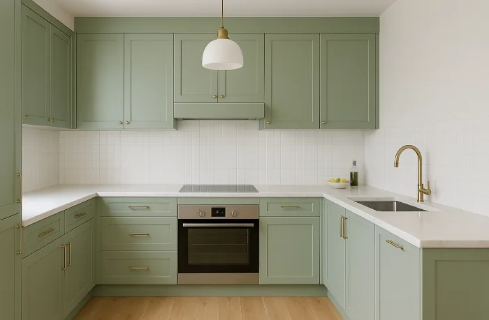 desain dapur minimalis bentuk u Aksen Sage Green