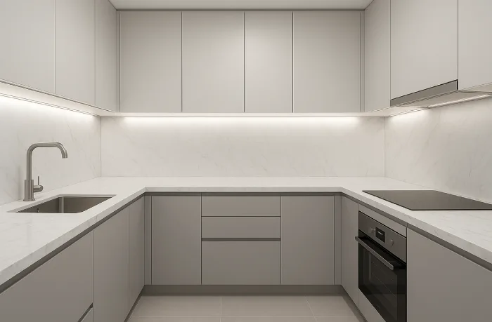 desain dapur minimalis bentuk u Elegan Abu-abu Muda