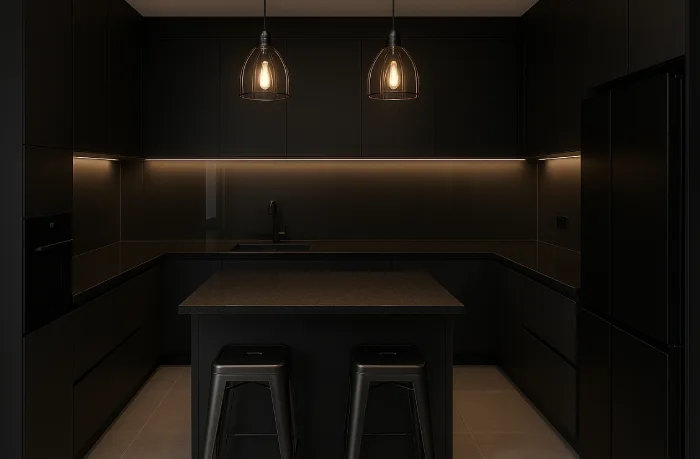 desain dapur minimalis bentuk u Hitam Dramatis Total