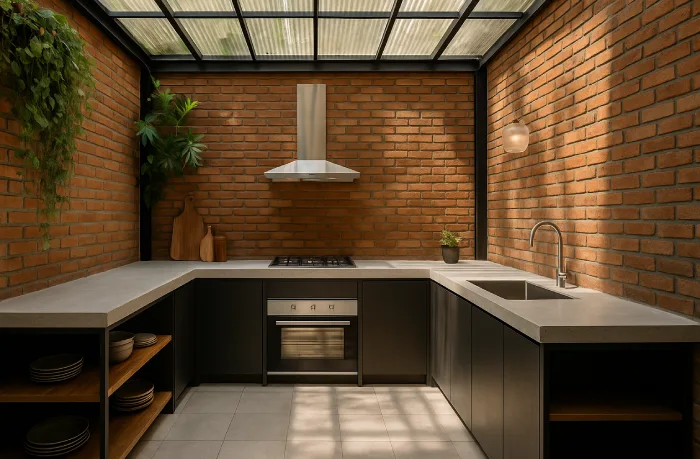 desain dapur minimalis bentuk u Industrial Bata Ekspos