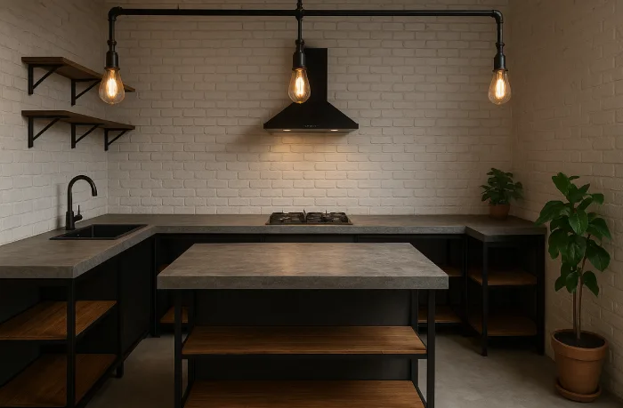 desain dapur minimalis bentuk u Nuansa Cafe Industrial