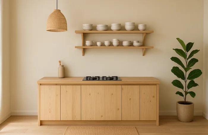 desain dapur minimalis dengan kompor tanam Japandi Natural
