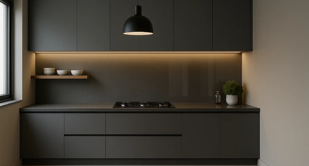 desain dapur minimalis dengan kompor tanam abu-abu aesthetic