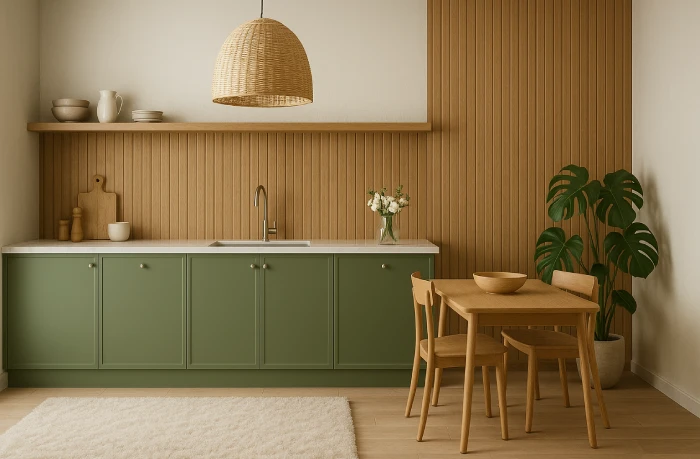 desain dapur minimalis warna hijau Aksen Kayu Total