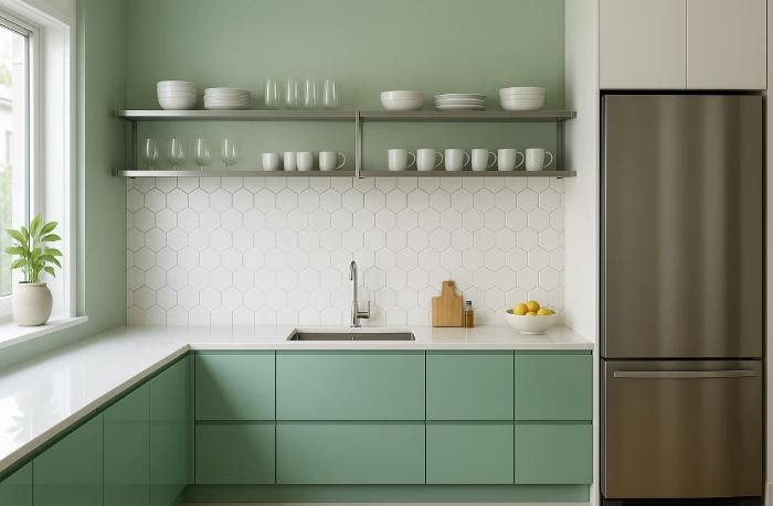 desain dapur minimalis warna hijau Bentuk L Efisien