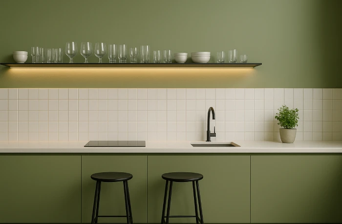 desain dapur minimalis warna hijau Dinding Sage Green
