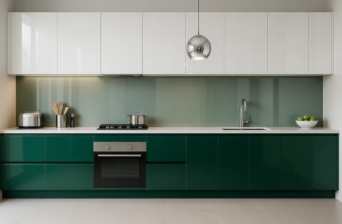 desain dapur minimalis warna hijau Glossy Hijau Tua