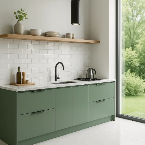 desain dapur minimalis warna hijau Jendela Besar Terang