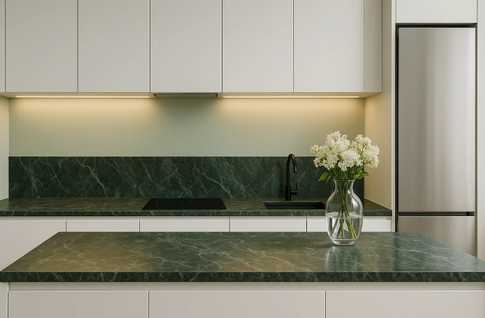 desain dapur minimalis warna hijau Marmer Hijau Mewah