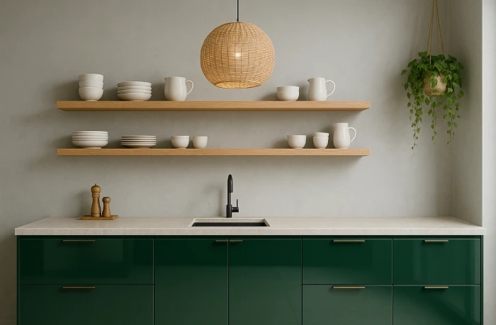 desain dapur minimalis warna hijau Rak Kayu Ambalan