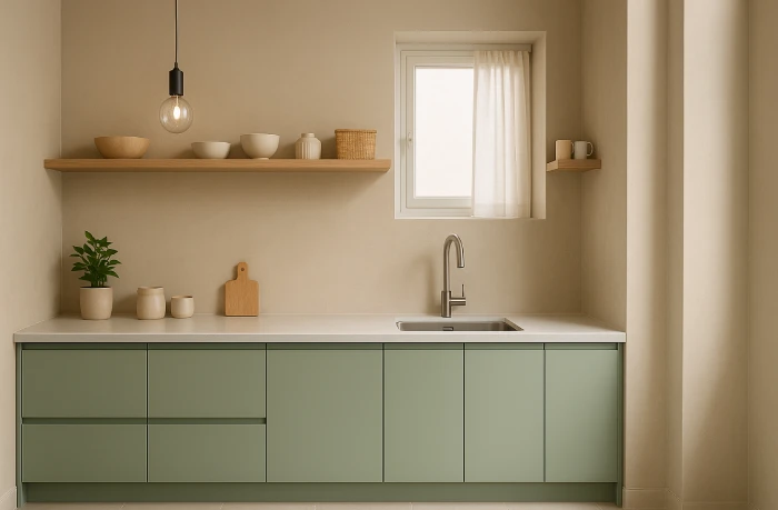 desain dapur minimalis warna hijau Sentuhan Beige Hangat