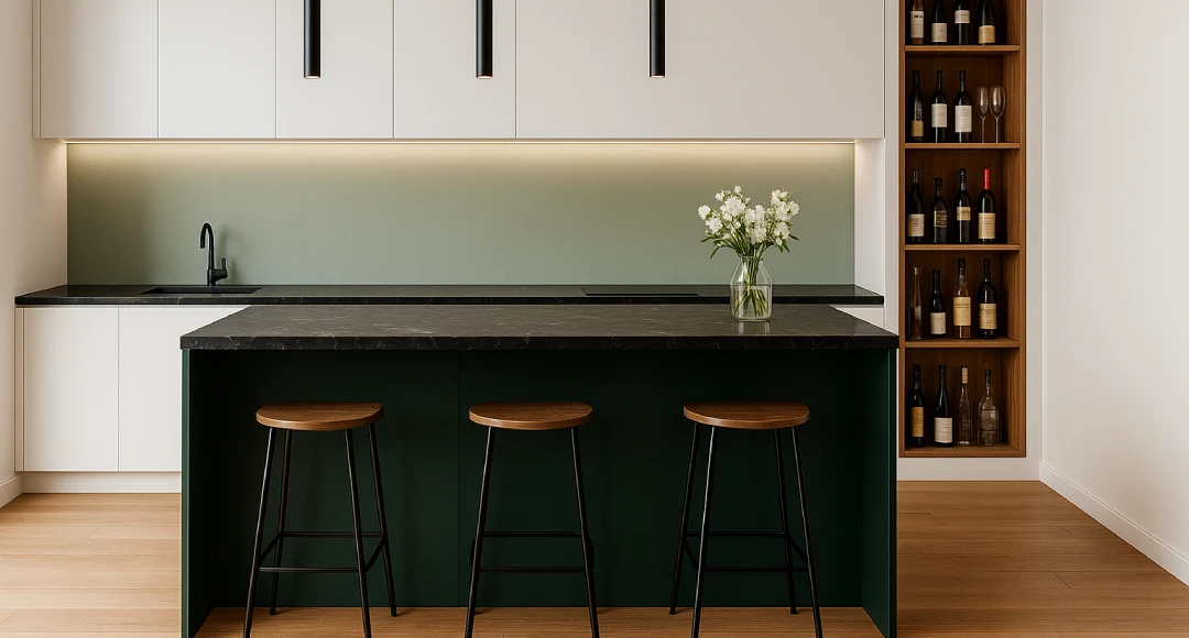 desain dapur minimalis warna hijau ada tempat makan