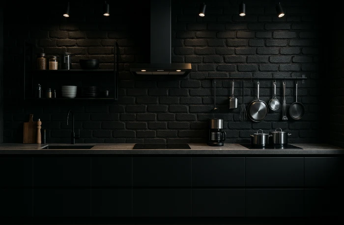 desain dapur minimalis warna hitam Dinding Bata Hitam