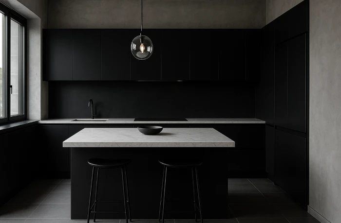 desain dapur minimalis warna hitam Dinding Beton Ekspos