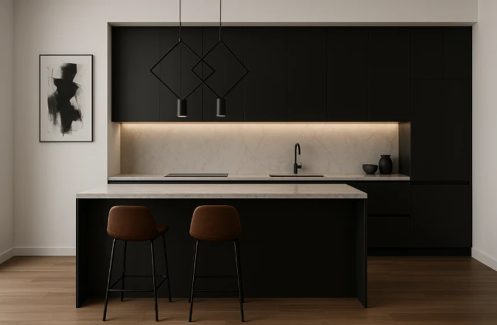 desain dapur minimalis warna hitam Dinding Putih Kontras