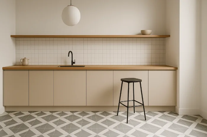 desain keramik lantai dapur minimalis Pola Geometris Abu