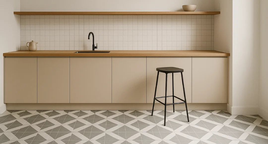 desain keramik lantai dapur minimalis bermotif kotak-kotak