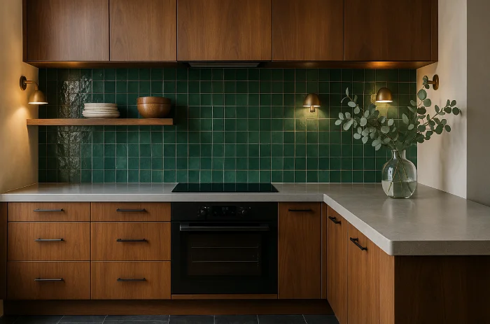 desain meja dapur Backsplash Hijau Emerald