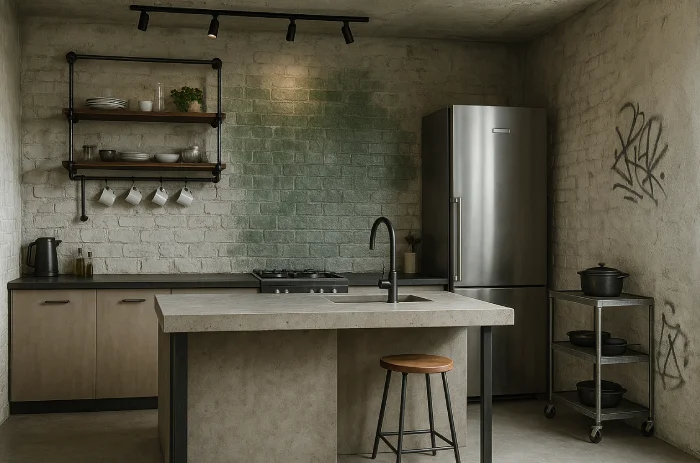 desain meja dapur Beton Ekspos Industrial