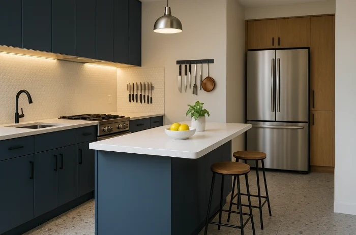 desain meja dapur Biru Navy Kontras