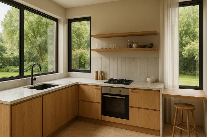 desain meja dapur Sudut Jendela Alami