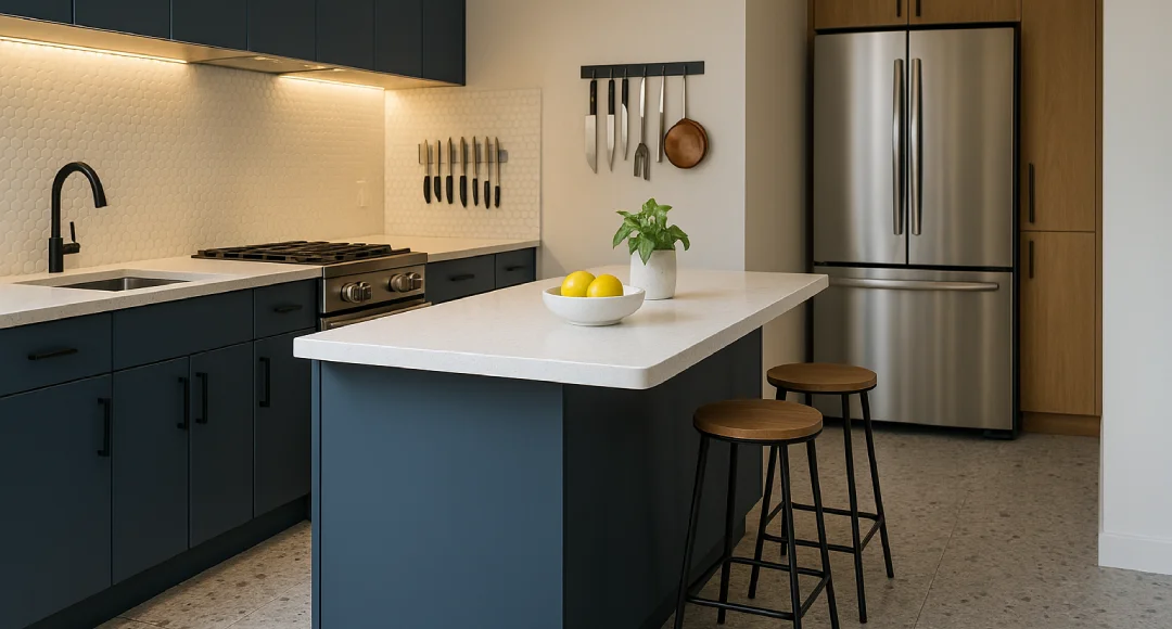 desain meja dapur biru