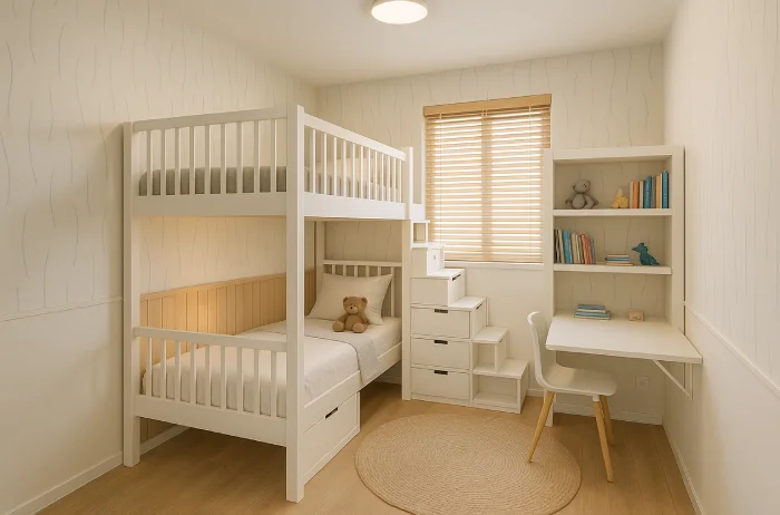 desain tempat tidur tingkat untuk kamar sempit Ranjang Sudut Putih