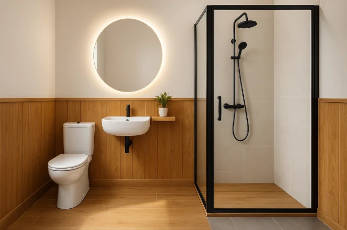 model kamar mandi dan wc sederhana Japandi Hangat Mewah
