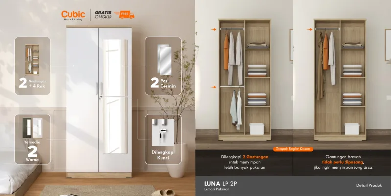 Lemari Pakaian 2 Pintu Cubic Luna 2P