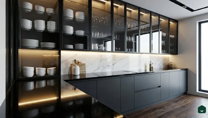 jenis furniture dapur Kabinet Atas Kaca Hitam