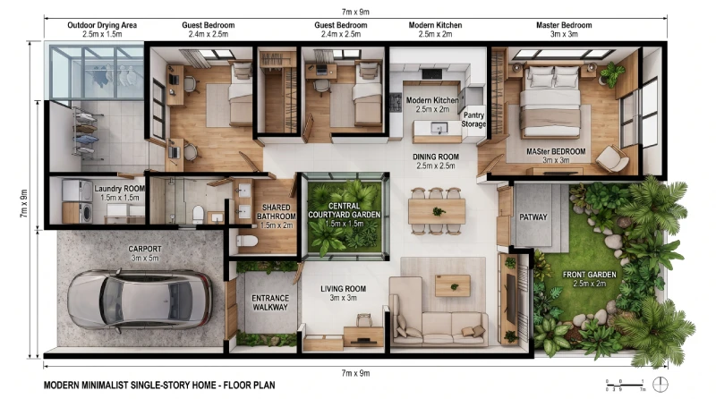 denah rumah minimalis 3 kamar ukuran 7x9 (2)