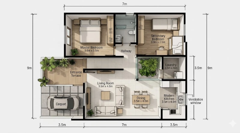 denah rumah minimalis 3 kamar ukuran 7x9 (4)