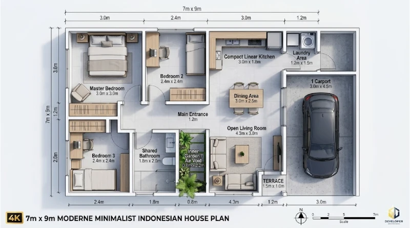 denah rumah minimalis 3 kamar ukuran 7x9 (6)