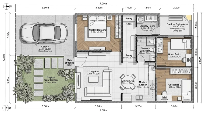 denah rumah minimalis 3 kamar ukuran 7x9