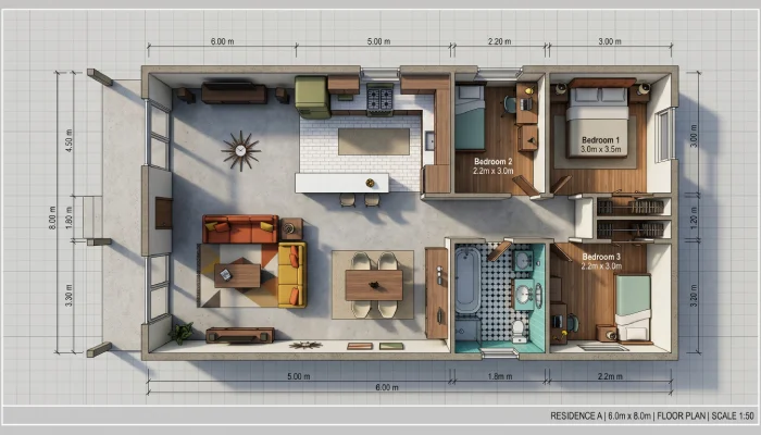 Denah Rumah 3 Kamar minimalis Ukuran 6x8 (2)