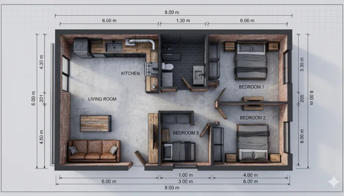 Denah Rumah 3 Kamar minimalis Ukuran 6x8 (7)