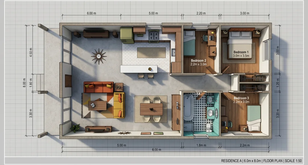 Denah Rumah 3 Kamar minimalis Ukuran 6x8 (9)