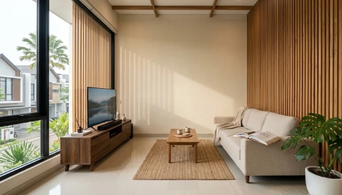Rekomendasi Warna Cat Rumah Minimalis Kombinasi Cream dan Aksen Kayu Natural