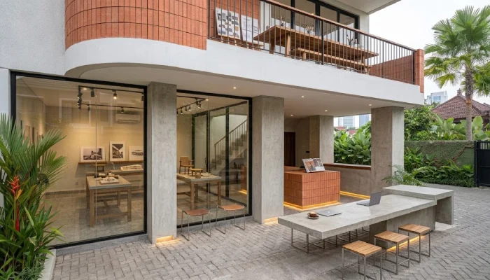 desain cafe Meja Komunal dan Minimalisme Beton