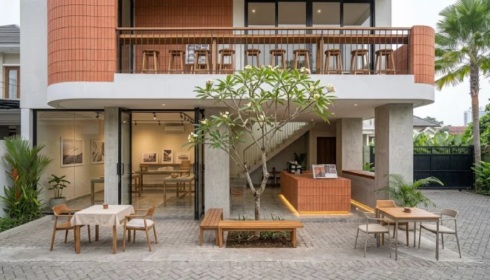 desain cafe Area Terbuka dengan Pohon Sentral