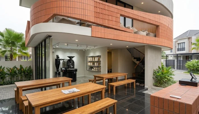 desain cafe Terakota Hangat dan Meja Kayu Solid