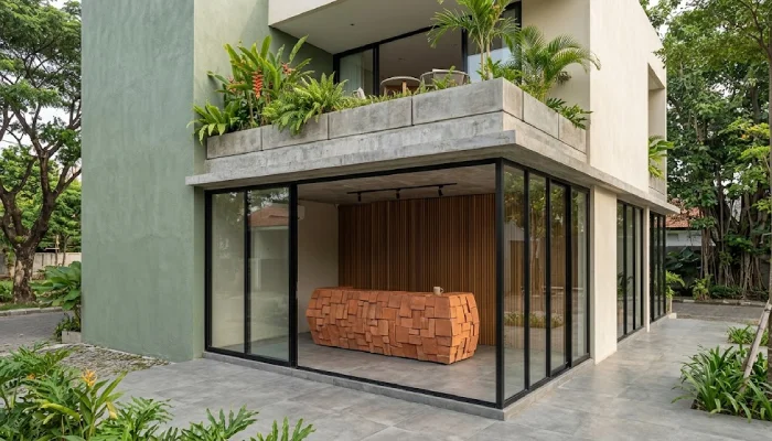 Desain Kantor Meja Resepsionis Aksen Bata 