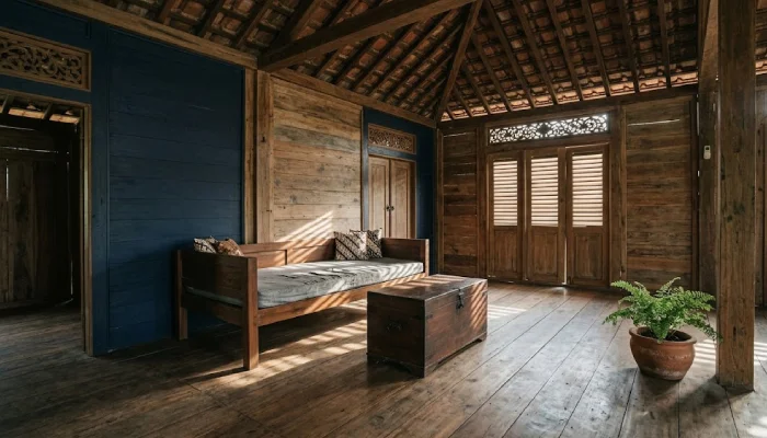 Ruang Tamu Tradisional Aksen Biru Tua
